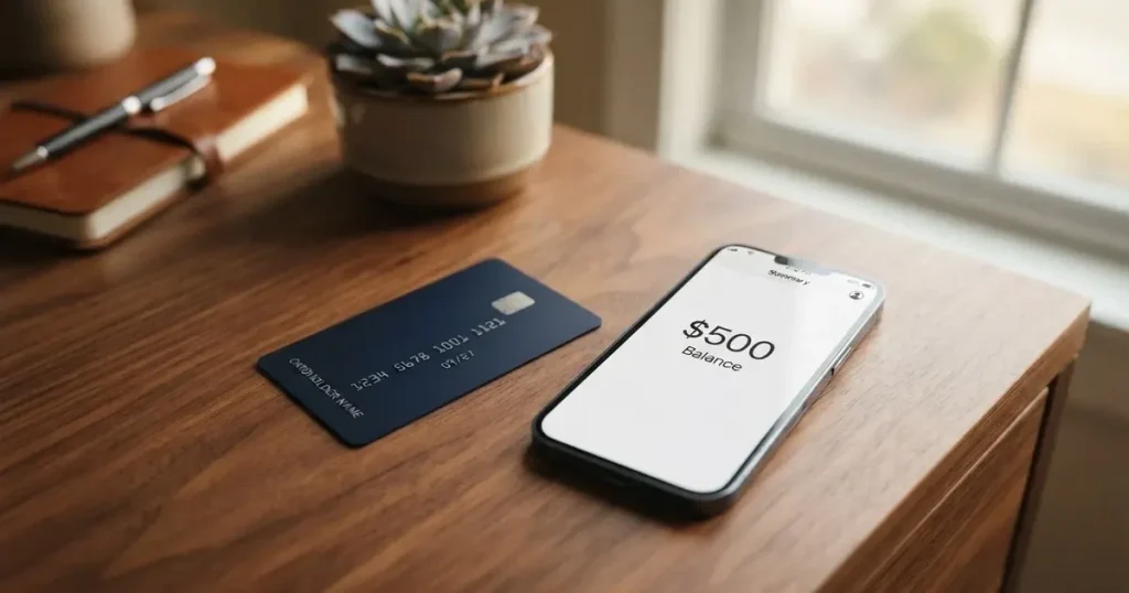 A payment card next to a phone with a crypto wallet app open