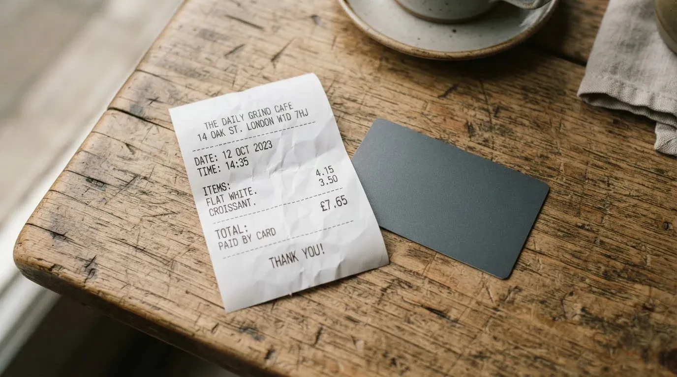 A receipt and a card on a café table