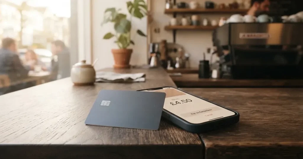 A payment card next to a phone with a crypto wallet app open
