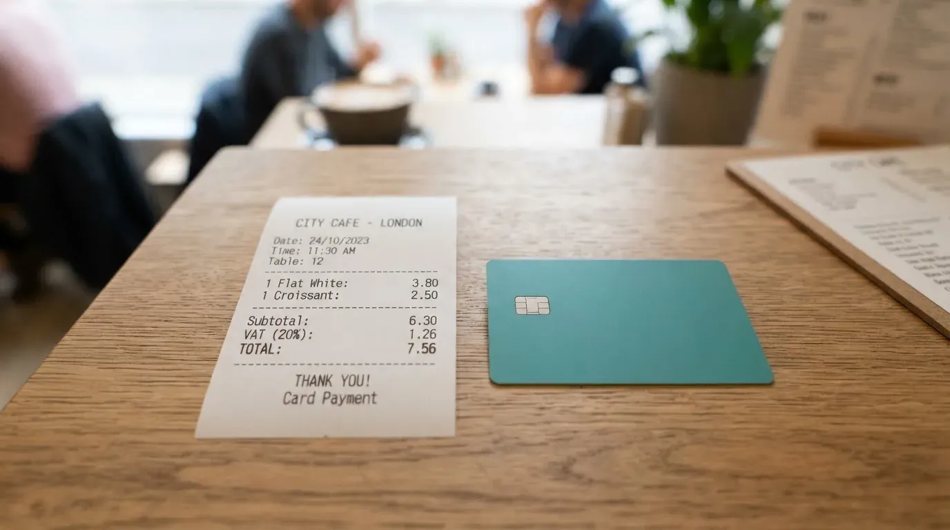 A receipt and a card on a café table