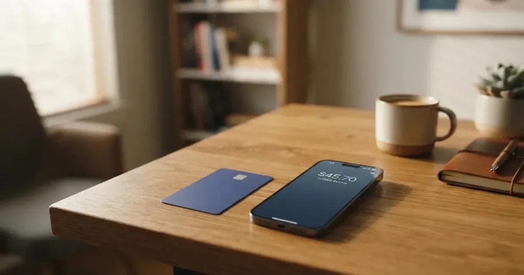 A payment card next to a phone with a crypto wallet app open