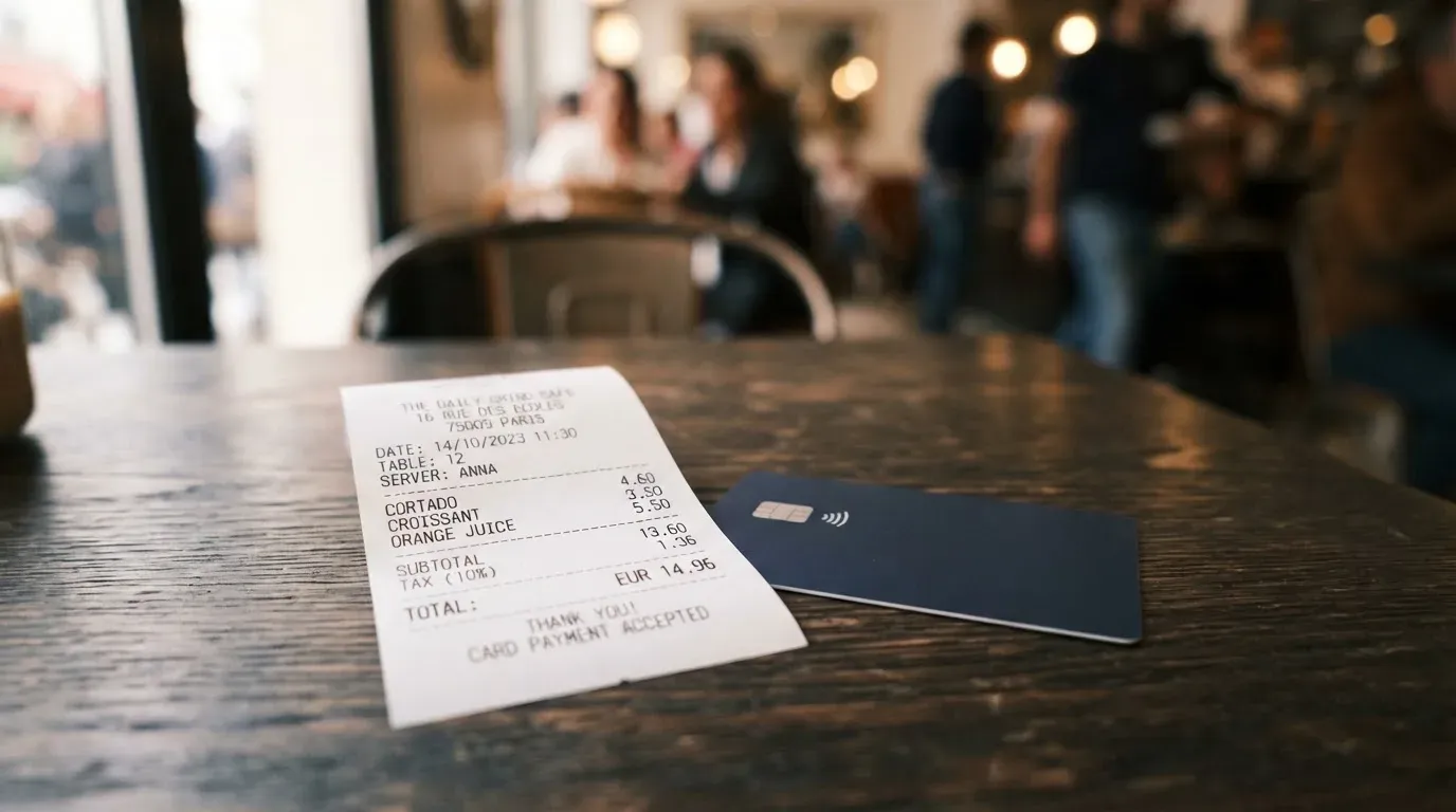 A receipt and a card on a café table