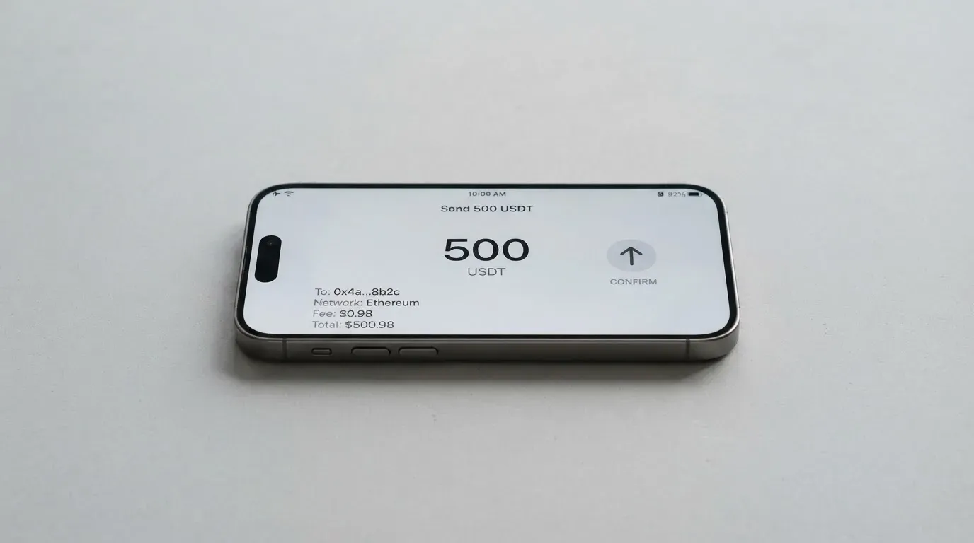 A phone showing a stablecoin transfer screen