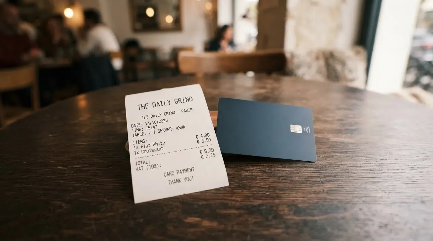 A receipt and a card on a café table
