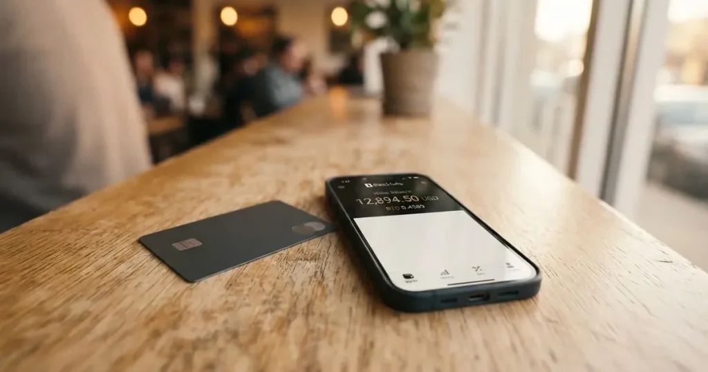 A payment card next to a phone with a crypto wallet app open