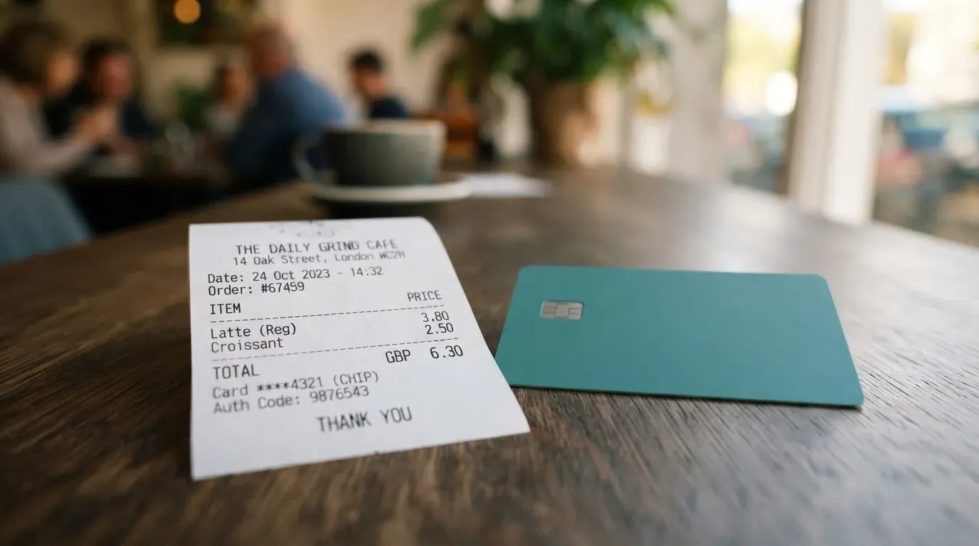 A receipt and a card on a café table