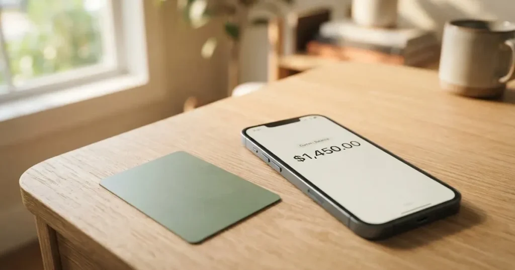 A payment card next to a phone with a crypto wallet app open