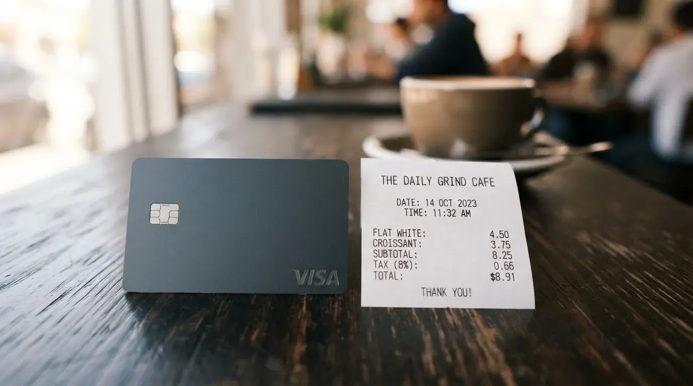 A receipt and a card on a café table