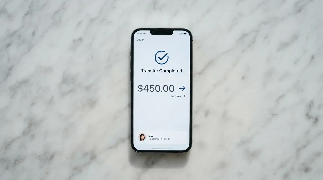 A phone showing a stablecoin transfer screen