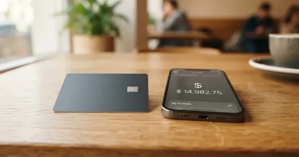 A payment card next to a phone with a crypto wallet app open