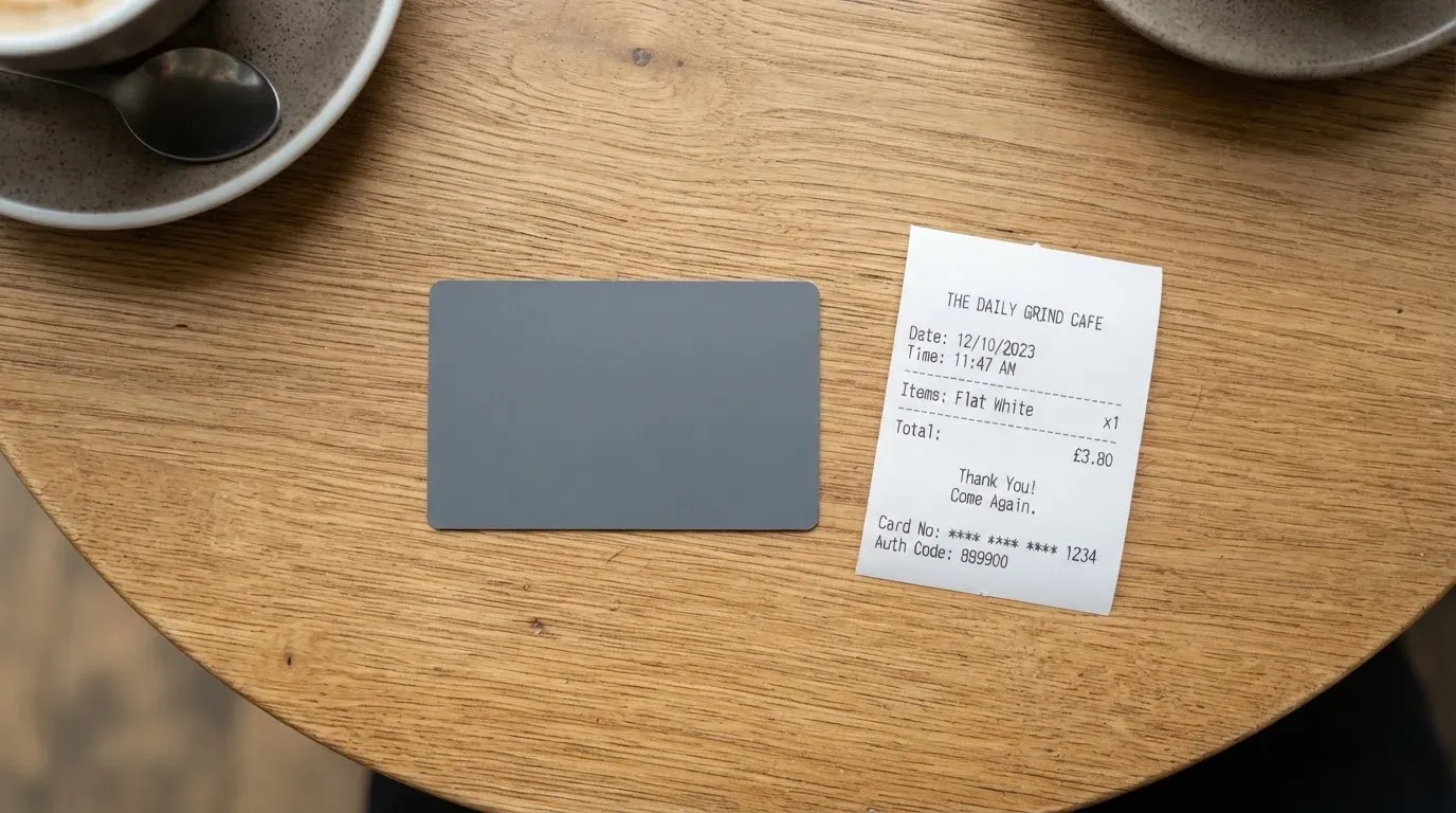 A receipt and a card on a café table