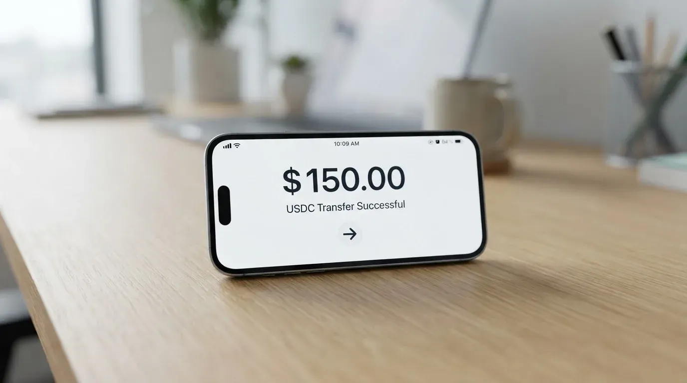 A phone showing a stablecoin transfer screen