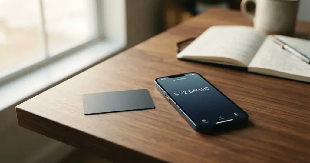 A payment card next to a phone with a crypto wallet app open