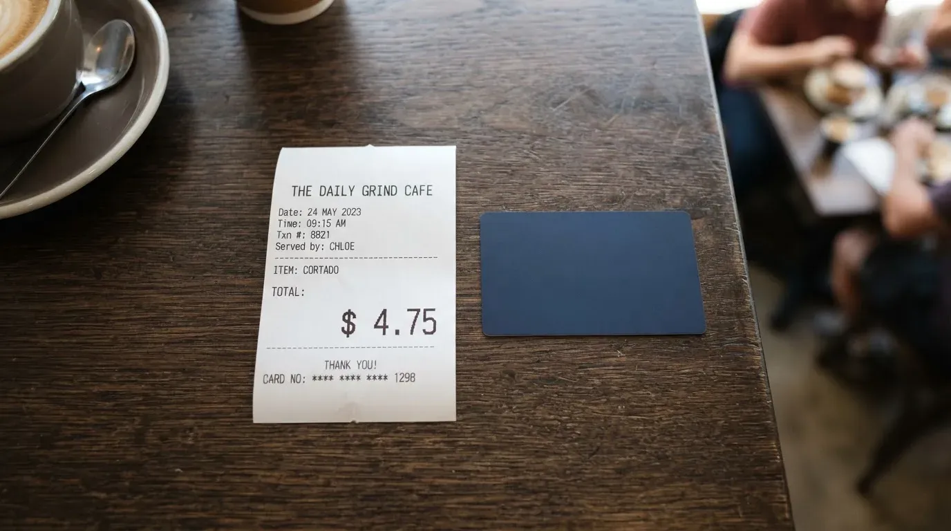 A receipt and a card on a café table