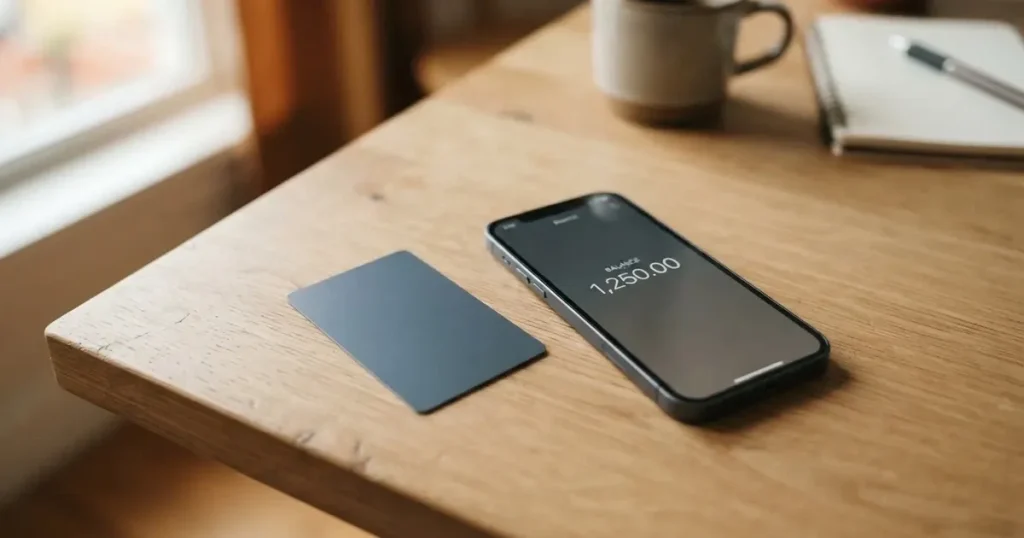 A payment card next to a phone with a crypto wallet app open