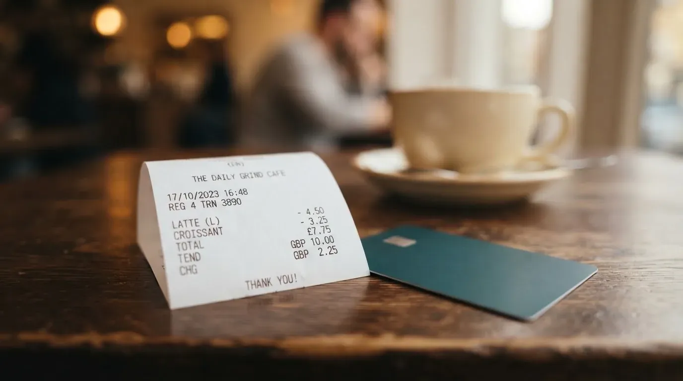 A receipt and a card on a café table