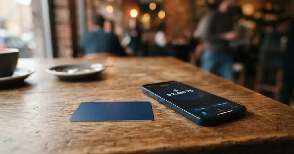 A payment card next to a phone with a crypto wallet app open