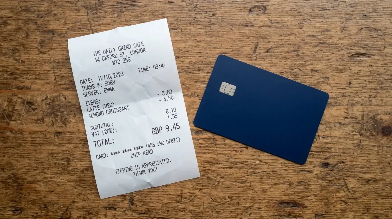 A receipt and a card on a café table