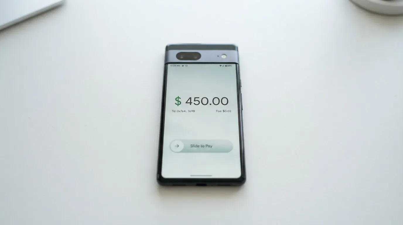 A phone showing a stablecoin transfer screen