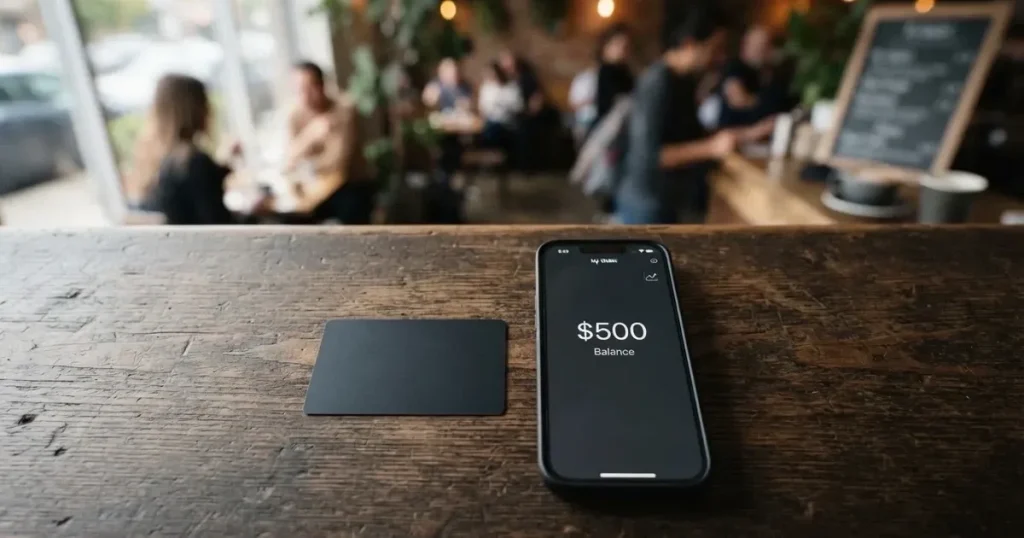 A payment card next to a phone with a crypto wallet app open