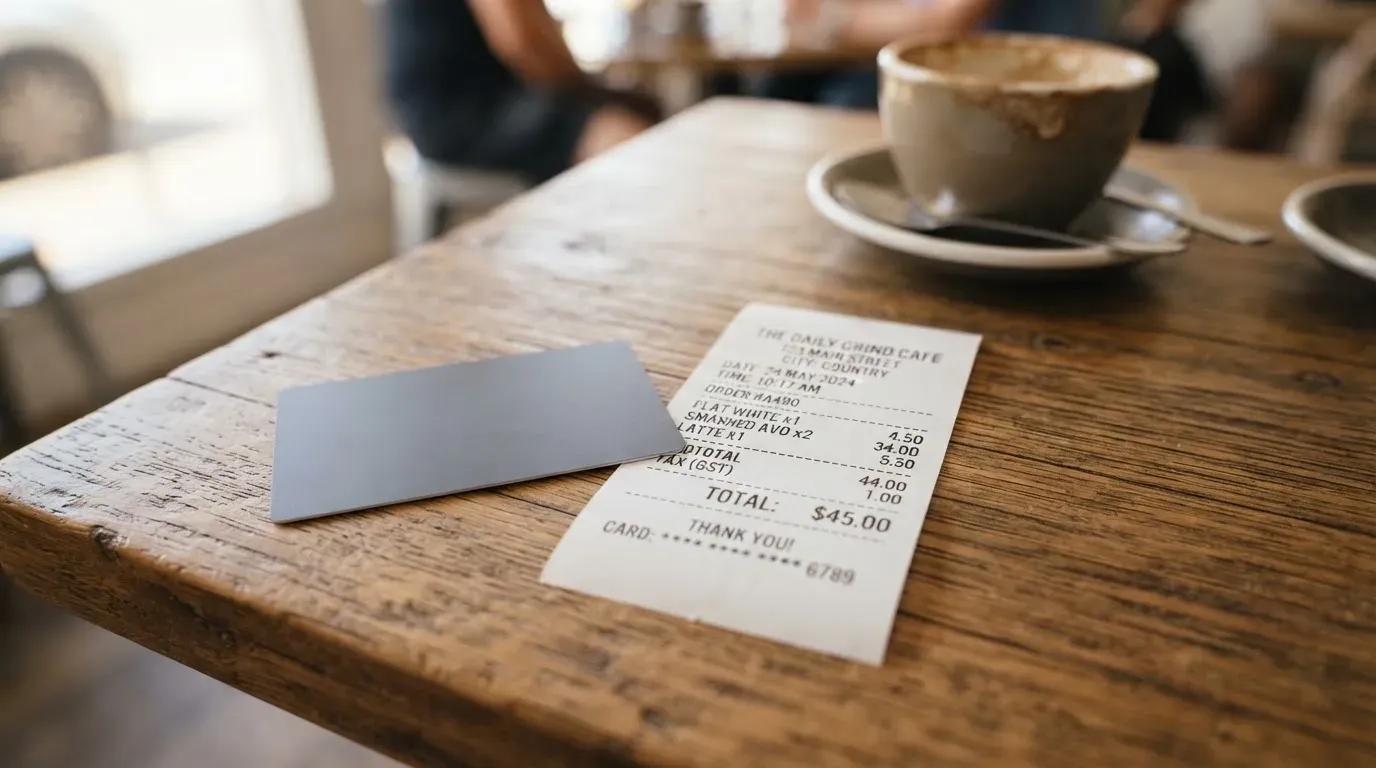 A receipt and a card on a café table