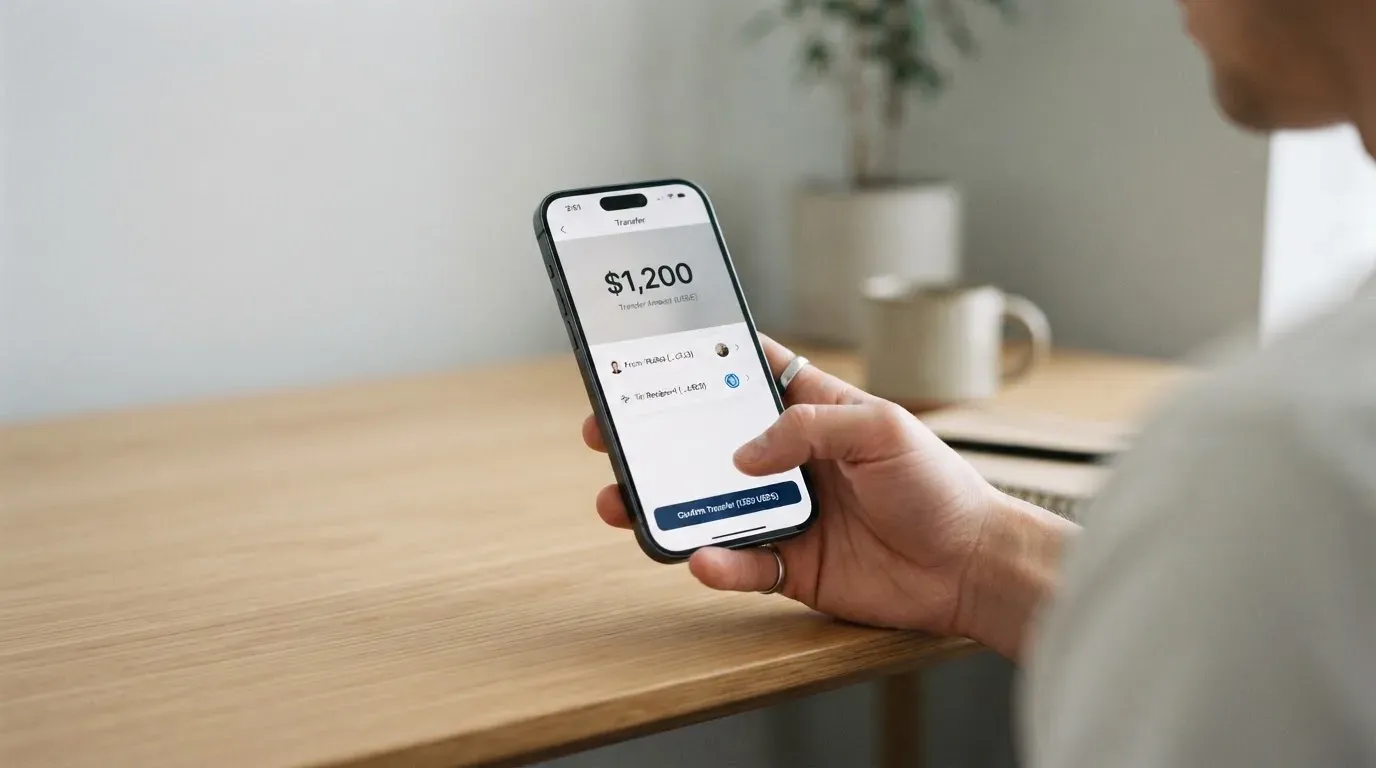 A phone showing a stablecoin transfer screen