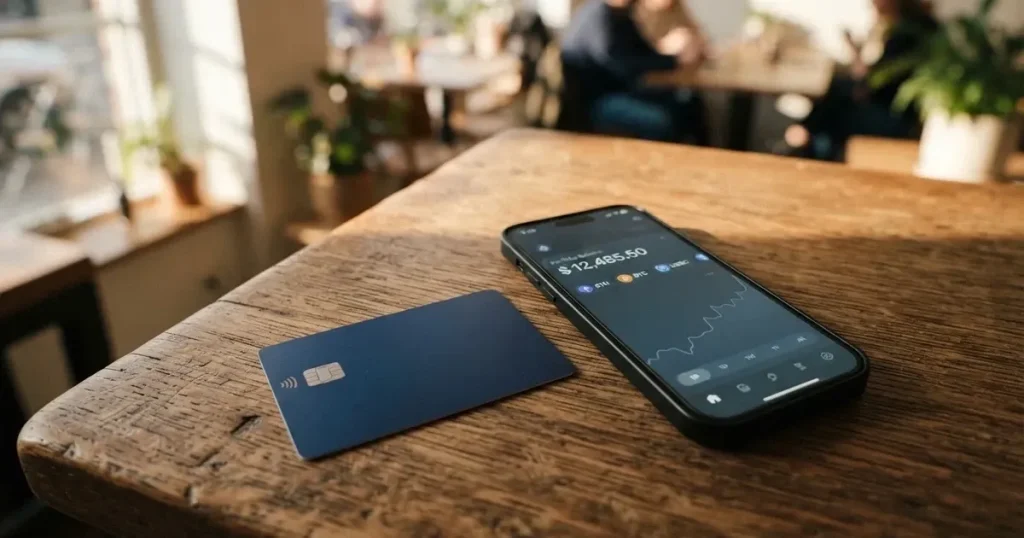 A payment card next to a phone with a crypto wallet app open