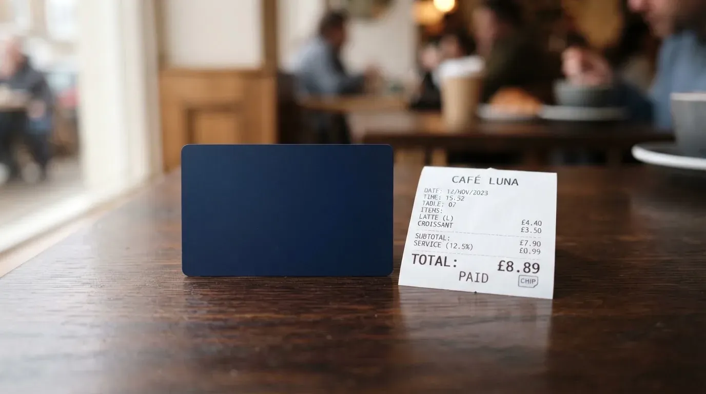 A receipt and a card on a café table