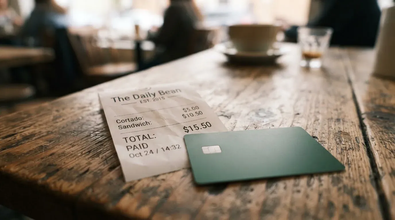 A receipt and a card on a café table