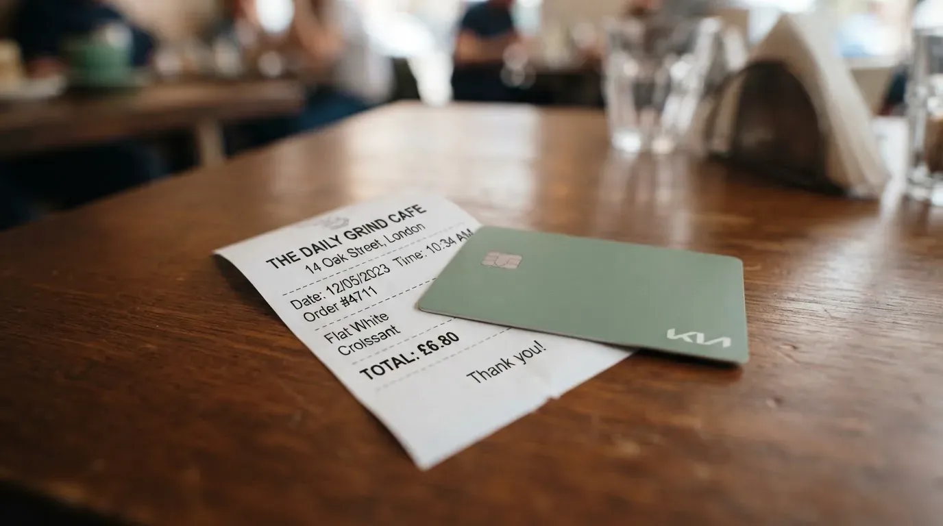 A receipt and a card on a café table