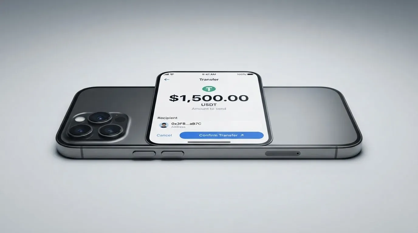 A phone showing a stablecoin transfer screen