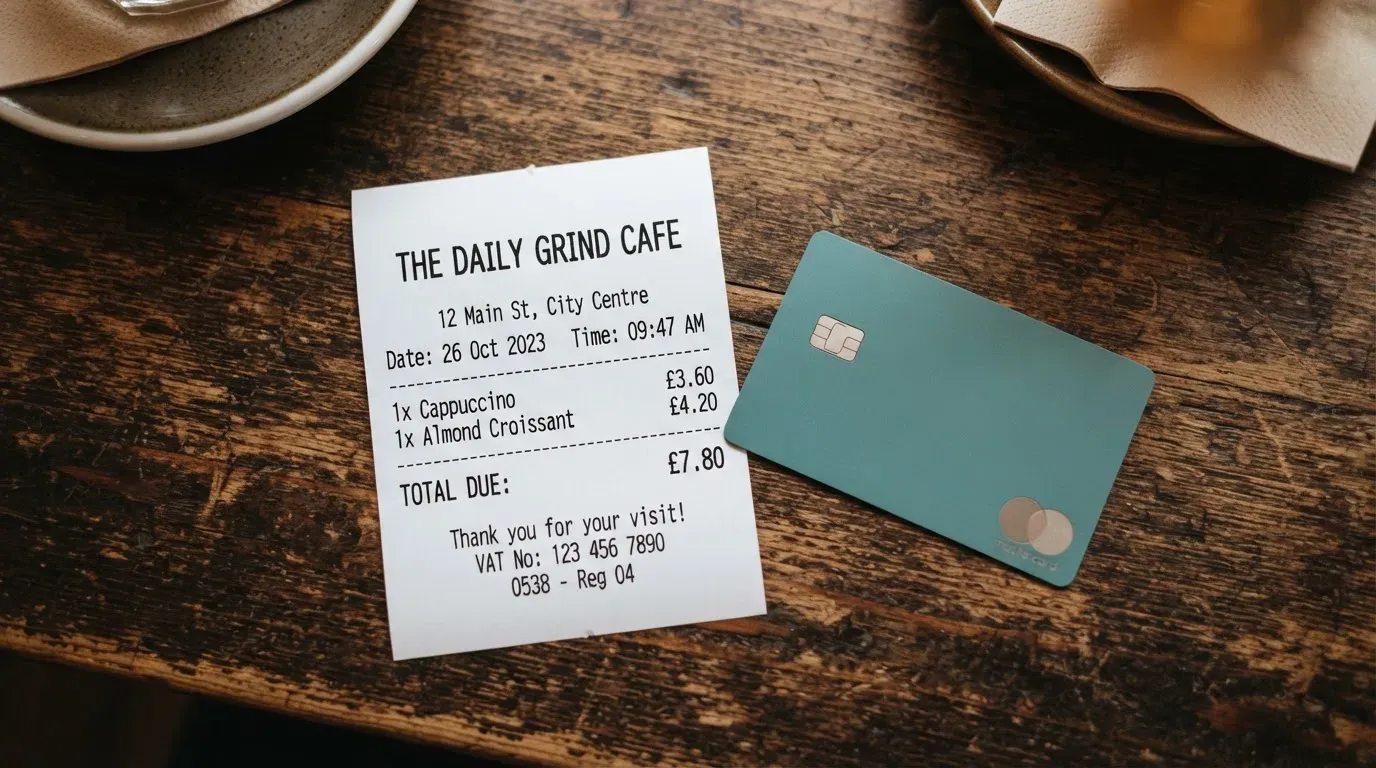 A receipt and a card on a café table