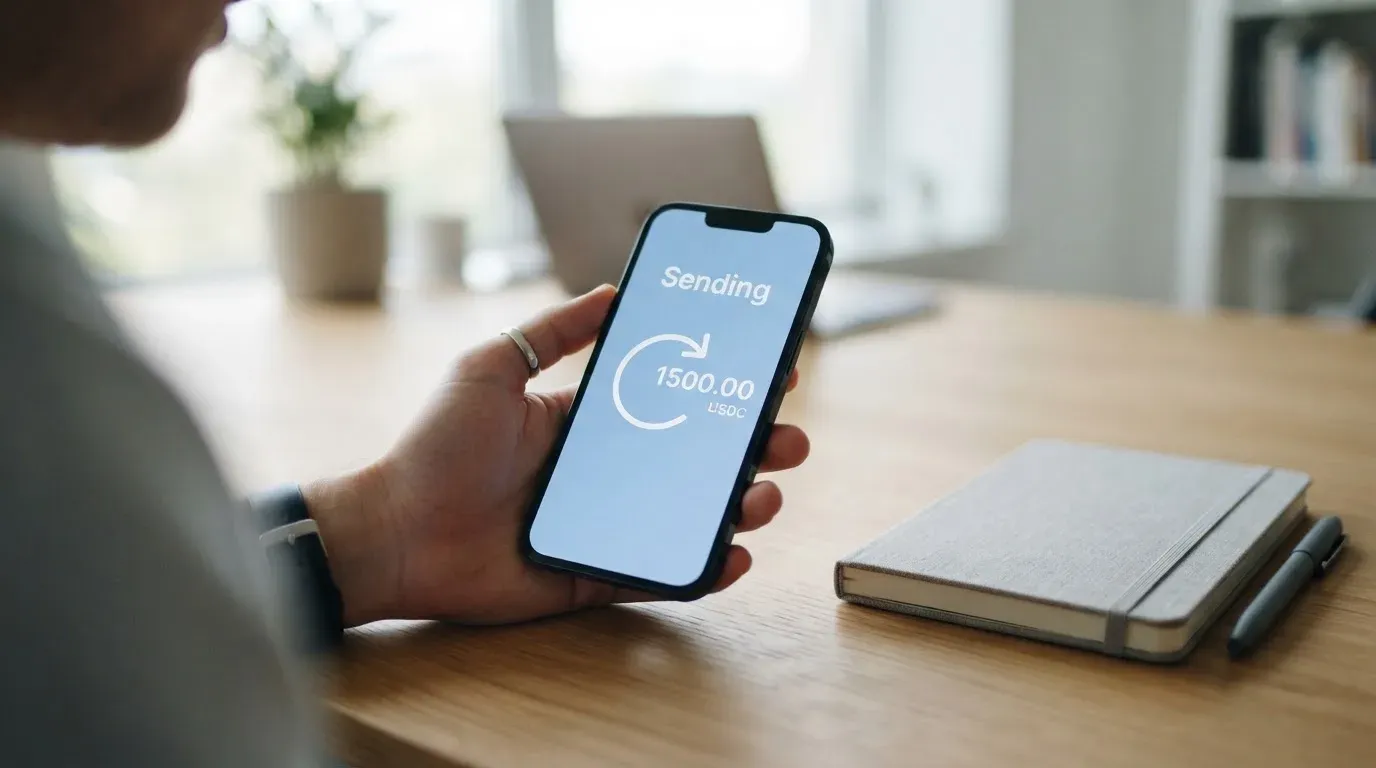 A phone showing a stablecoin transfer screen