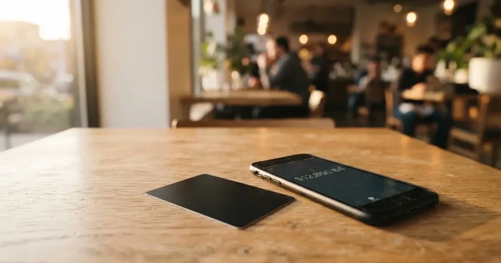 A payment card next to a phone with a crypto wallet app open