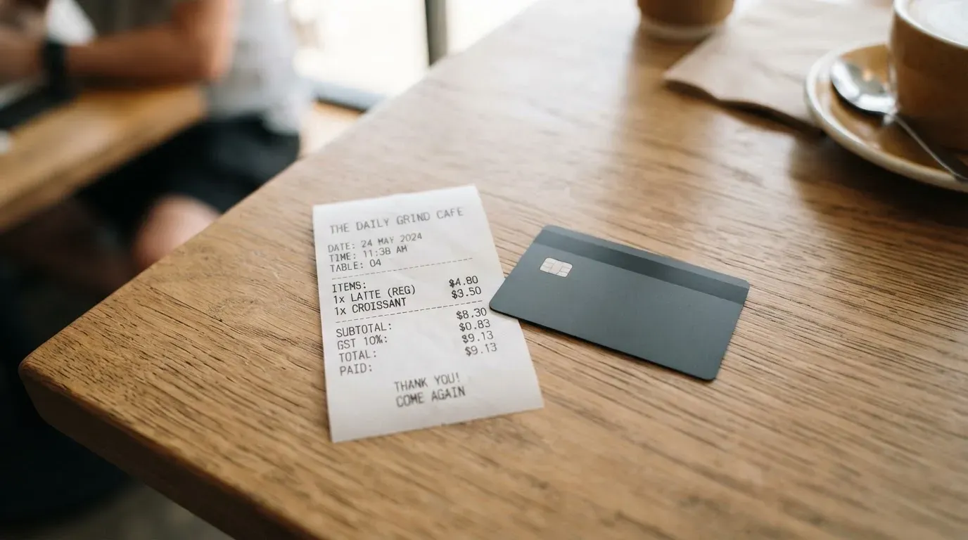 A receipt and a card on a café table
