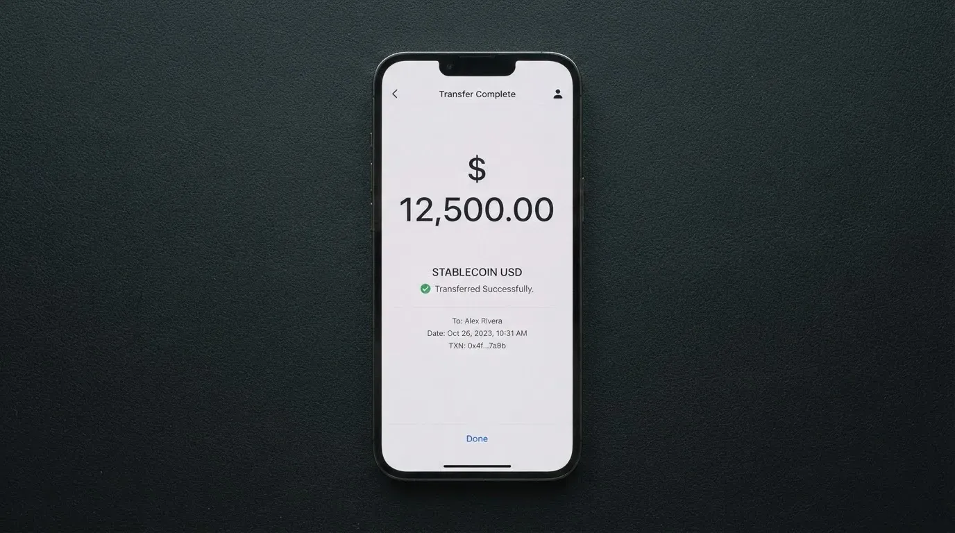 A phone showing a stablecoin transfer screen