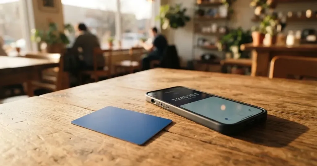 A payment card next to a phone with a crypto wallet app open