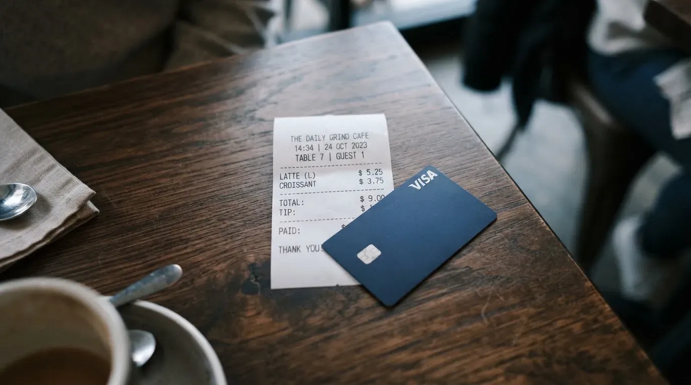 A receipt and a card on a café table