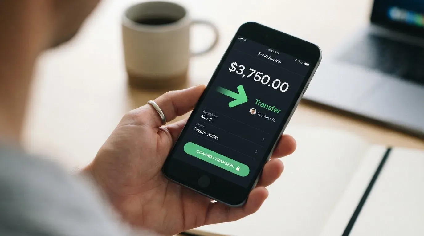 A phone showing a stablecoin transfer screen