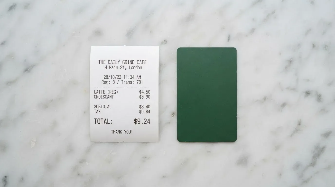 A receipt and a card on a café table