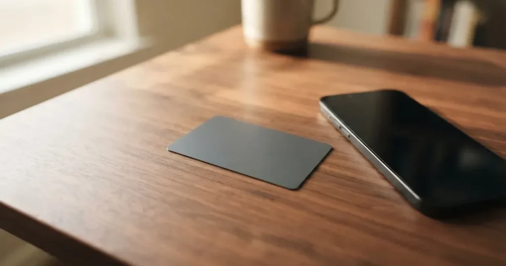 A payment card next to a phone with a crypto wallet app open