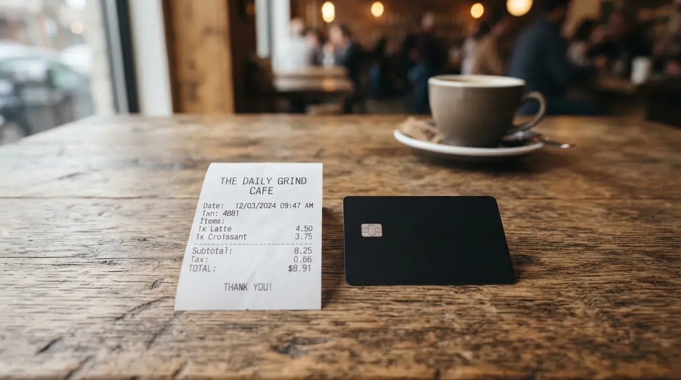 A receipt and a card on a café table