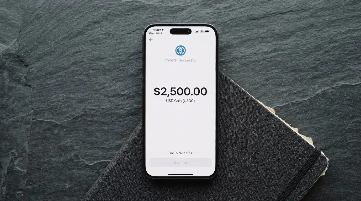 A phone showing a stablecoin transfer screen