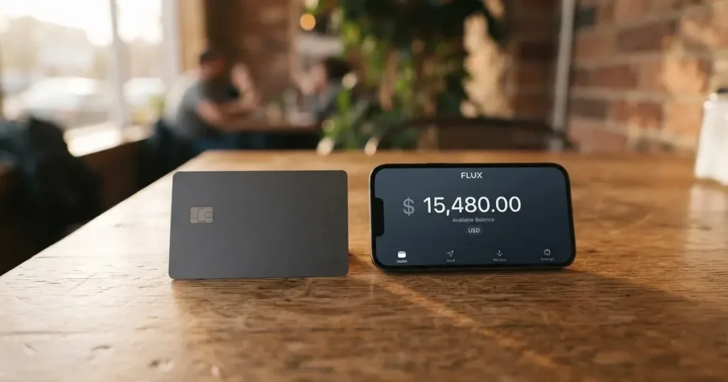 A payment card next to a phone with a crypto wallet app open