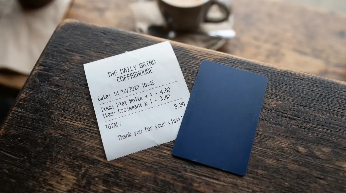 A receipt and a card on a café table