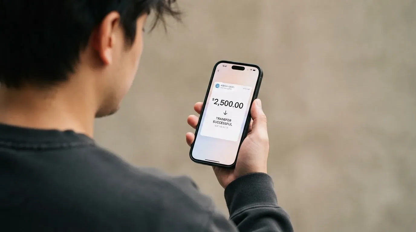 A phone showing a stablecoin transfer screen