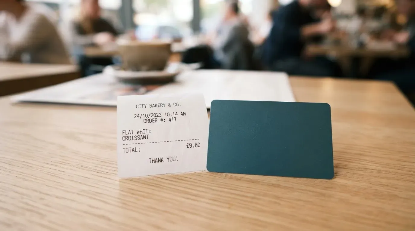 A receipt and a card on a café table