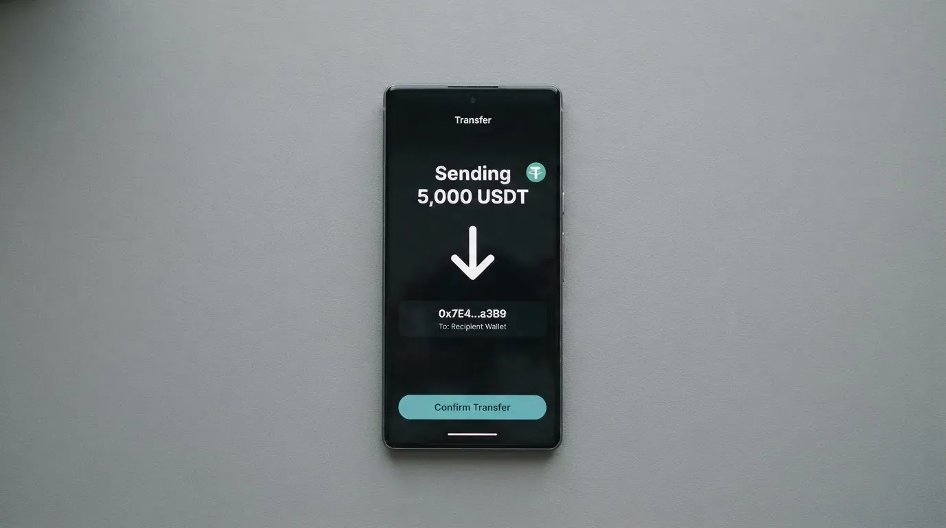 A phone showing a stablecoin transfer screen