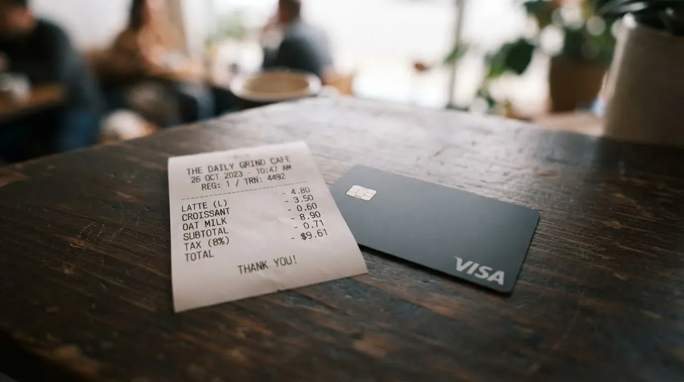 A receipt and a card on a café table