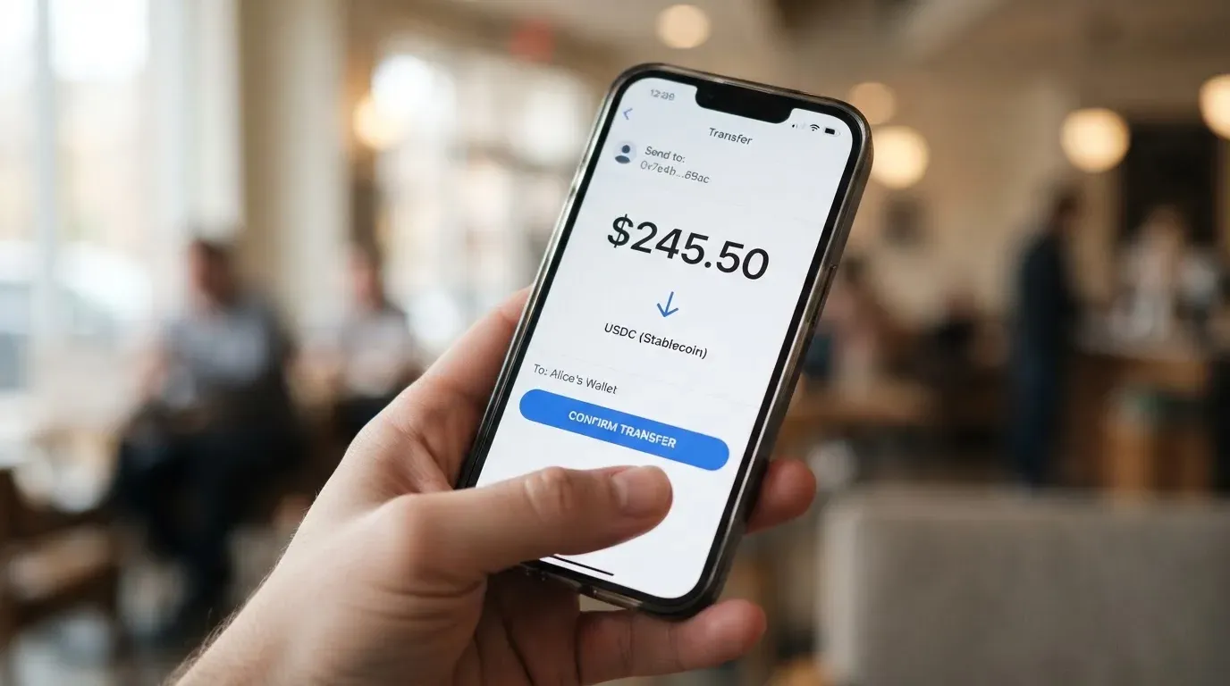 A phone showing a stablecoin transfer screen